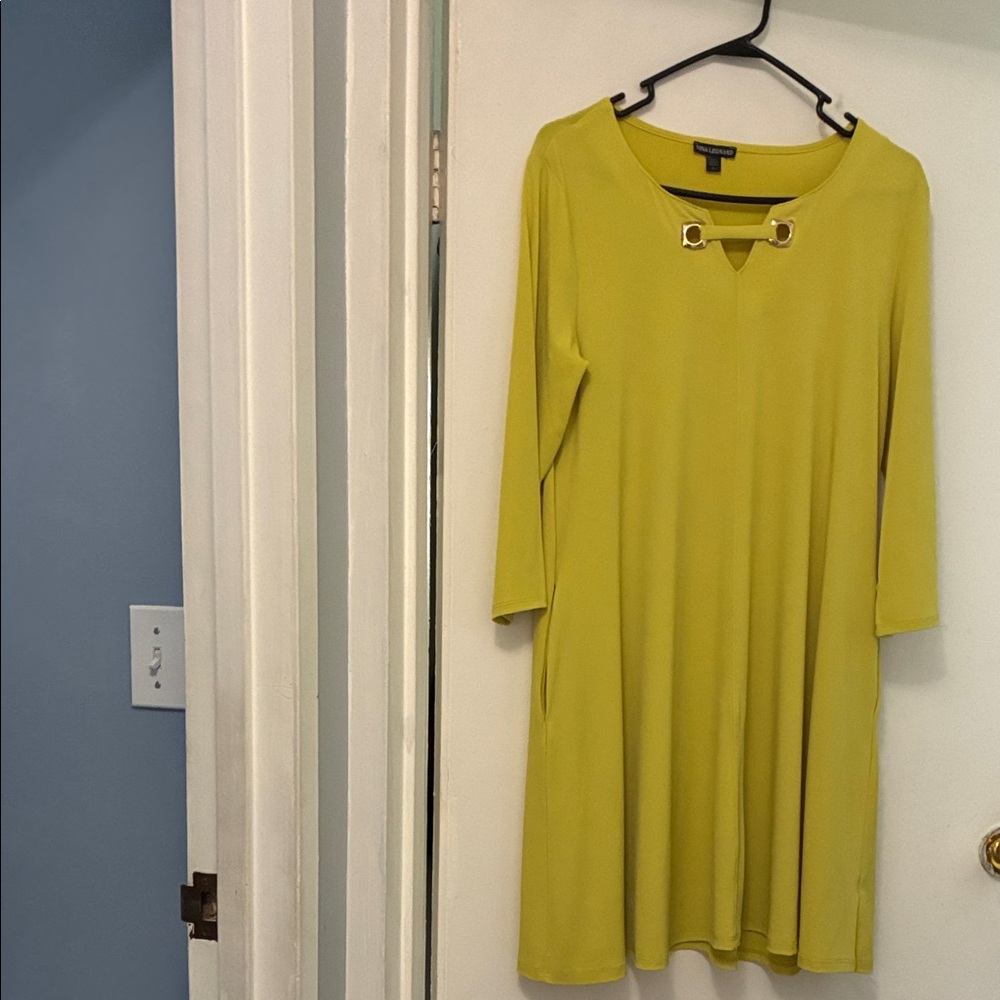 Nina Leonard Mustard Long Sleeve Dress with Gold Detail